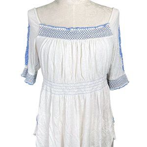 Free People Embroidered Elastic Ruched Peasant Top Blue/White Women's Medium